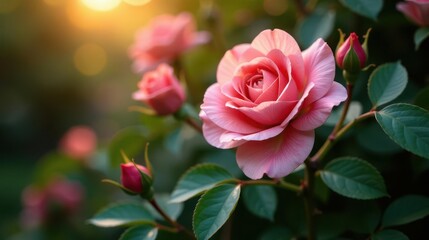 A delicate pink rose in full bloom, bathed in the warm glow of sunset, surrounded by lush green foliage and unopened buds, a picturesque scene of natural beauty