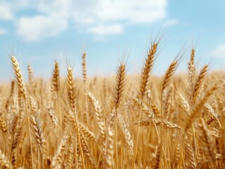 Obraz premium Golden Field of Wheat: Capturing the serene beauty of nature with close-up shot of golden wheat field gently swaying in the wind under a bright blue sky with wispy clouds.