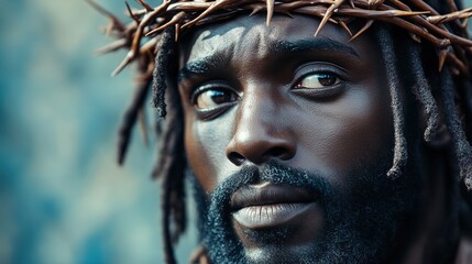 Portrait of black Jesus Christ with crown of thorns on his head. Photorealistic portrait. Close-up.