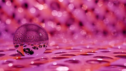 Shinning pink orange sphere on porous ground with bubble blur background (3D Rendering)