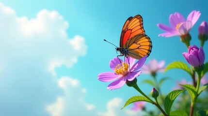 Obraz premium A vibrant orange butterfly delicately perched on a blossoming purple flower, basking in the warm sunlight against a serene blue sky with fluffy white clouds