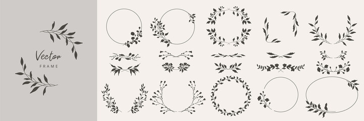 Collection of floral frames with silhouettes of branches, leaves and flowers. Hand drawn elegant delicate botanical borders and wreaths. Vector isolated elements for wedding invitation, card, logo