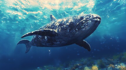 Fototapeta premium A majestic whale swims gracefully through vibrant, clear waters, showcasing its massive size and intricate patterns beneath the ocean's surface.