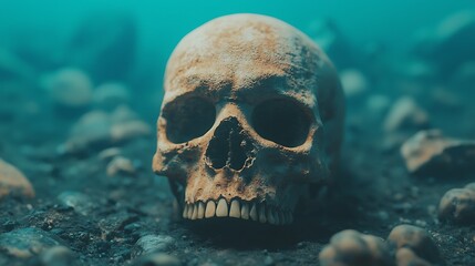 An underwater skull rests on the ocean floor, surrounded by pebbles and shadows, evoking a sense of mystery and history.