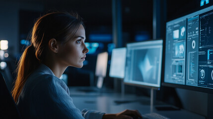 Woman working at night on multiple computer screens displaying data and graphs in a dark office space