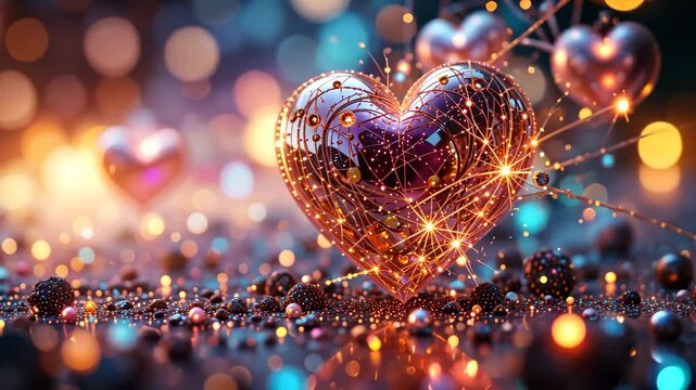 Ornate Golden Heart Illuminated With Sparkles On Dark Background Bokeh Effect