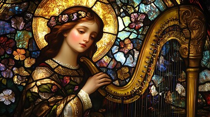 Obraz premium Stained glass art of Saint Cecilia, seated gracefully and playing a golden harp, a serene expression on her face, glowing halo around her head,