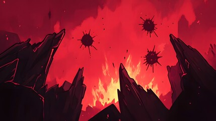 Fototapeta premium Volcanic eruption, fiery sky, dark rocks, game background
