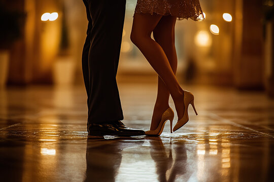 Legs of a man and a woman dancing variety dances. A dance class