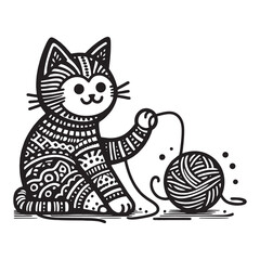 Vector Illustration of a Decorative Cat Playing With Yarn Ball. 