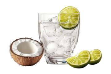 Refreshing Coconut Lime Spritzer In A Crystal Glass, Perfect For A Hot Summer Day, With Ice Cubes And Bubbly Water Isolated on Transparent Background