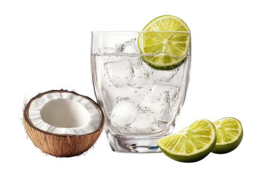Refreshing Coconut Lime Spritzer In A Crystal Glass, Perfect For A Hot Summer Day, With Ice Cubes And Bubbly Water Isolated on Transparent Background