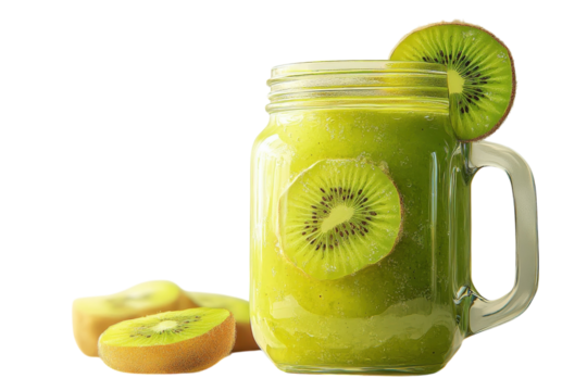 Refreshing Kiwi Smoothie In A Mason Jar, Garnished With Kiwi Slices, Perfect For A Healthy And Vibrant Start To Your Day, Bathed In Soft Natural Light Isolated on Transparent Background