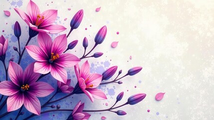 Obraz premium A vibrant display of stylized blossoms, showcasing delicate pink petals and purple buds, arranged artfully against a textured off-white backdrop with subtle watercolor accents.