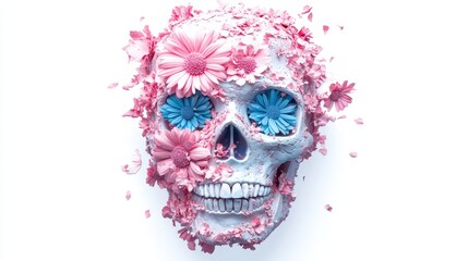 Naklejka premium Colorful skull adorned with pink flowers, artistic design blending mortality and beauty, ideal for creative projects.