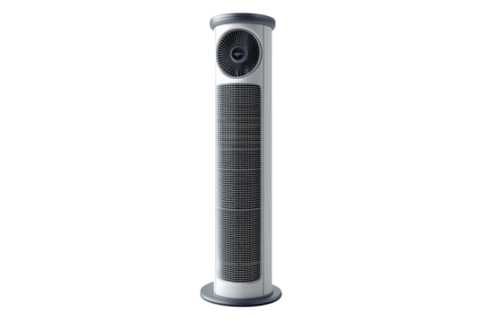 Sleek Tower Fan Offering A Cool Breeze On Hot Summer Days, Featuring A Modern Design With A Minimalist Aesthetic And A Subtle Gray And White Color Scheme Isolated on Transparent Background
