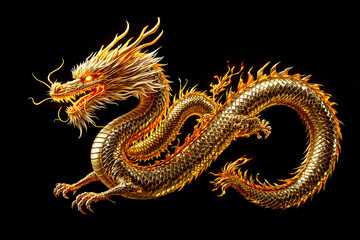 Obraz premium Majestic golden dragon with flaming details, fierce expression, and intricate scales on a dark background. Symbol of power, mythology, and culture. Ai generative