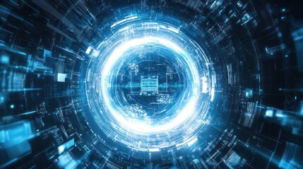Fototapeta premium Abstract digital tunnel, futuristic design, glowing center, technology background, visual effect, possible use digital art, graphic design, website
