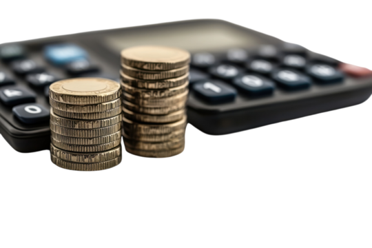 Stacks Of Coins Representing Financial Growth And Planning, Resting Beside A Calculator, Showcasing A Calculated Approach To Wealth Isolated on Transparent Background
