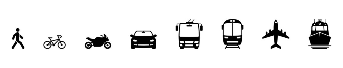 Vehicle, Air, Railway, Bike, Motorcycle Transport Silhouette Icon Set. Stop Station Sign Public Transport Pictogram. Bus, Car, Metro, Plane, Ship, Tram, Train, Truck Front View Icon