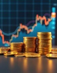 Stacks of gold coins, digital financial chart indicating growth. Investment prospects, success. Money, wealth, stock market, finance, business, asset, tax, capital, risk, income, profit.