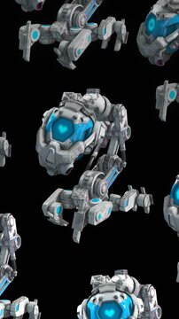 Seamless loop vertical video of a army of walking robots isolated with a black background. Funny futuristic sci-fi background.