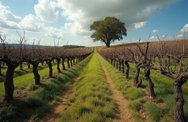Naklejka premium Picturesque vineyard landscape near Evora Portugal. Rows of grapevines, green grass, tree, blue sky with clouds. Agriculture wine industry theme, vacation travel. Vine-growing region for wine