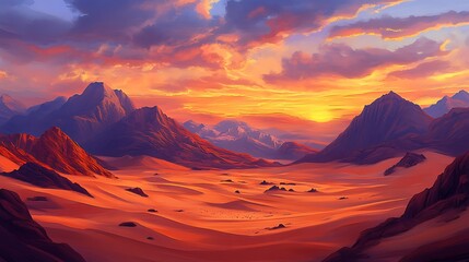 Dramatic desert sunset over mountains