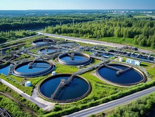 Aerial view of modern industrial water treatment plant purifying black sludge, large tanks with clear blue liquid, green field, summer day, water cleaning facility, natural cloud reflection, surface g
