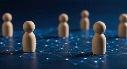 Wooden figures connected by a digital network.