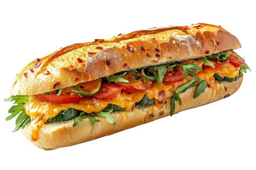 A Mouthwatering Cheesy Veggie Baguette Bursting With Fresh Tomatoes, Cucumbers, And Arugula, Perfectly Toasted And Golden Brown With A Crisp Crust Isolated on Transparent Background