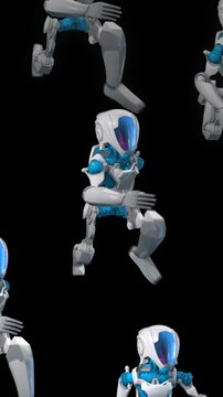 Seamless loop vertical video of a army of robots running isolated with copyspace, copy space banner. Funny futuristic sci-fi background.