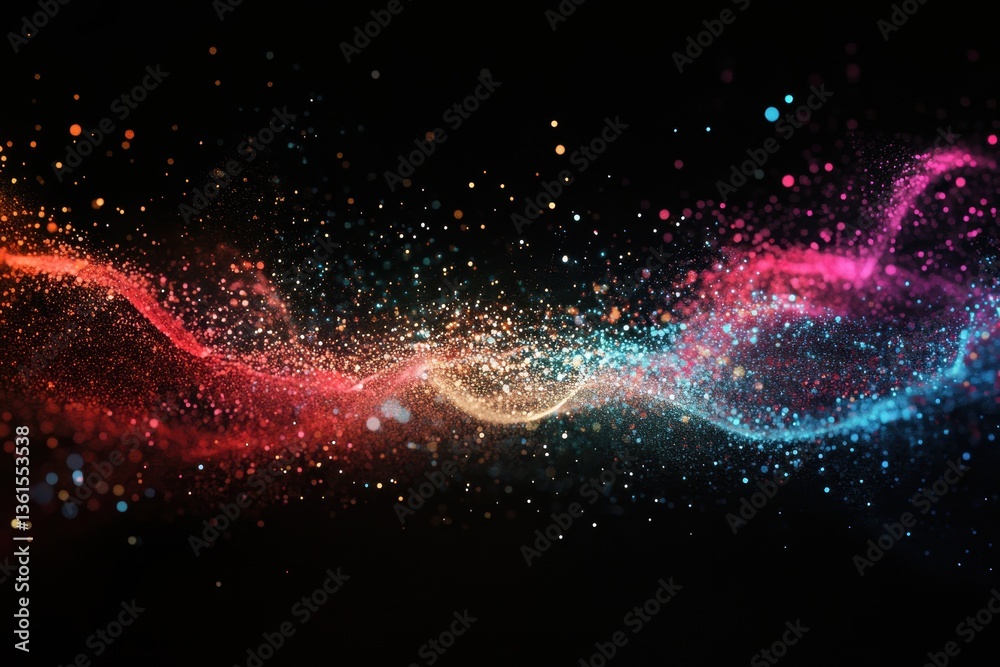 Poster data processing visualization with vibrant colors and abstract patterns against dark background, dat