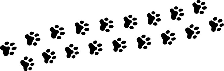 Paw vector foot trail print . Dog, cat, bear, wolf, chicken, cow, crocodile, donkey, duck, elephant and other silhouette animal. Paw print trail on transparent background.