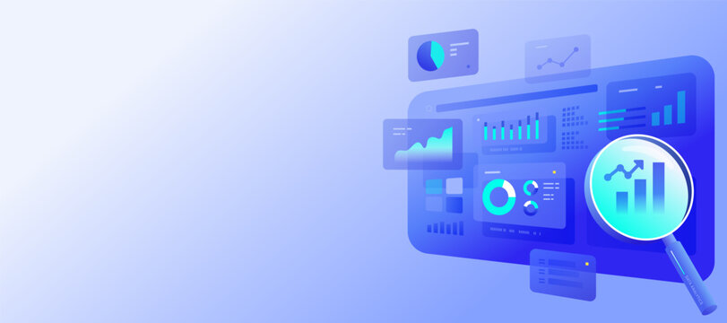 Data analytics concept illustration, blue ui dashboard technology platform with magnifier search banner background