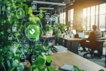 Eco-friendly icons representing data processing and sustainability in a modern business environment, eco icons and data processing over diverse business people in office