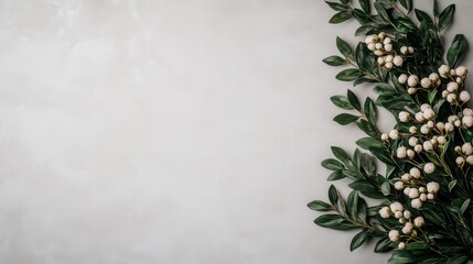 Beautiful arrangement of green leaves and white berries on a soft textured background for an aesthetic touch. National Comfort Month
