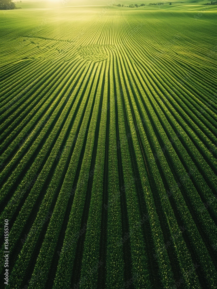 Poster Endless green crop rows create a mesmerizing pattern under soft lighting in the serene countryside landscape Generative AI