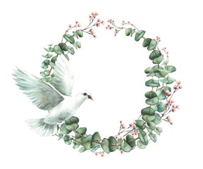 Dove with Eucalyptus plant and pink flower wreath Flying white pigeon with watercolor green branches circle frame hand drawn illustration for wedding card, baptism invitation isolated from background 