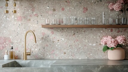 Modern Kitchen with Pink Terrazzo Backsplash