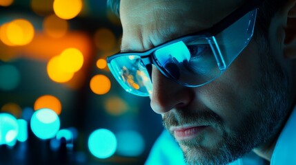 Focused scientist analyzing data in a modern lab with colorful bokeh light in the background