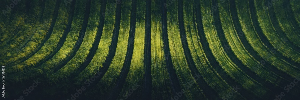 Poster Perfectly aligned green crop rows creating a harmonious pattern under soft light in rural farmland setting Generative AI