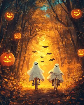 background halloween Two playful ghosts ride bicycles through a spooky forest adorned with Halloween pumpkins and bats, capturing the festive spirit.