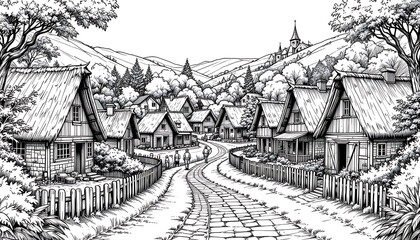 Fototapeta premium Vector llustrations of Hand drawing sketch vector black and white illustration of a village