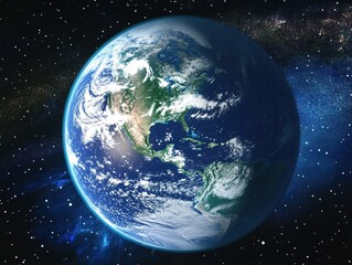 Naklejka premium 3D render of Earth floating in space, blue tones, high resolution, realistic, professional photography style, natural lighting, sharp focus, stock illustration.