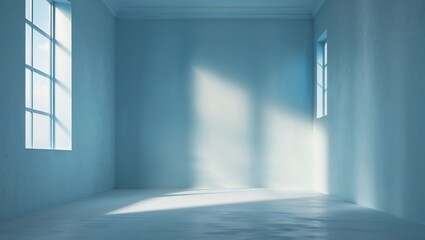 Bright, minimalist room with blue walls and soft sunlight creating a serene atmosphere