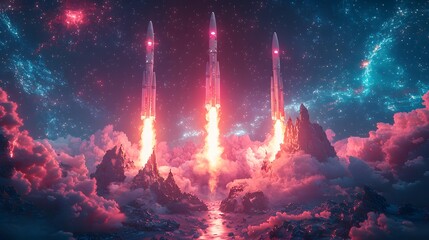 Triple Rocket Launch Amidst Clouds and Stars