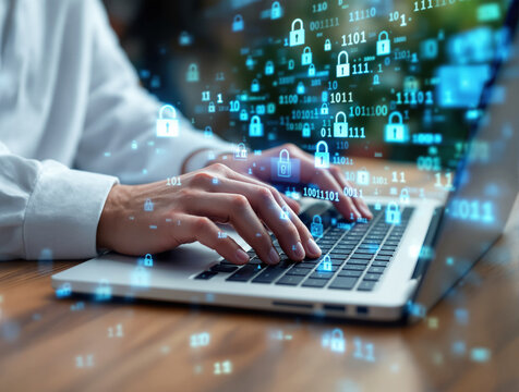 Hands typing on a laptop keyboard with floating blue digital lock icons and binary code, representing cybersecurity and data protection on a blurred background. Ai generative - Powered by Adobe