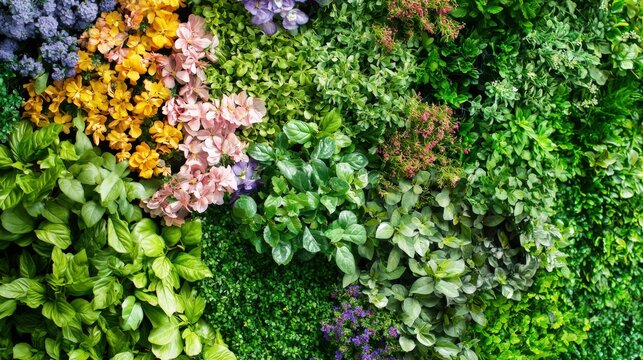 A vibrant vertical garden wall showcasing an array of colorful flowers and aromatic herbs, meticulously arranged for optimal visual appeal. The lush greenery complements the vivid blooms, creating a