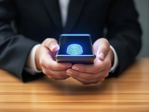 Close-up of hands holding smartphone with glowing fingerprint authentication icon, symbolizing security and technology, on a wooden surface. Ai generative - Powered by Adobe
